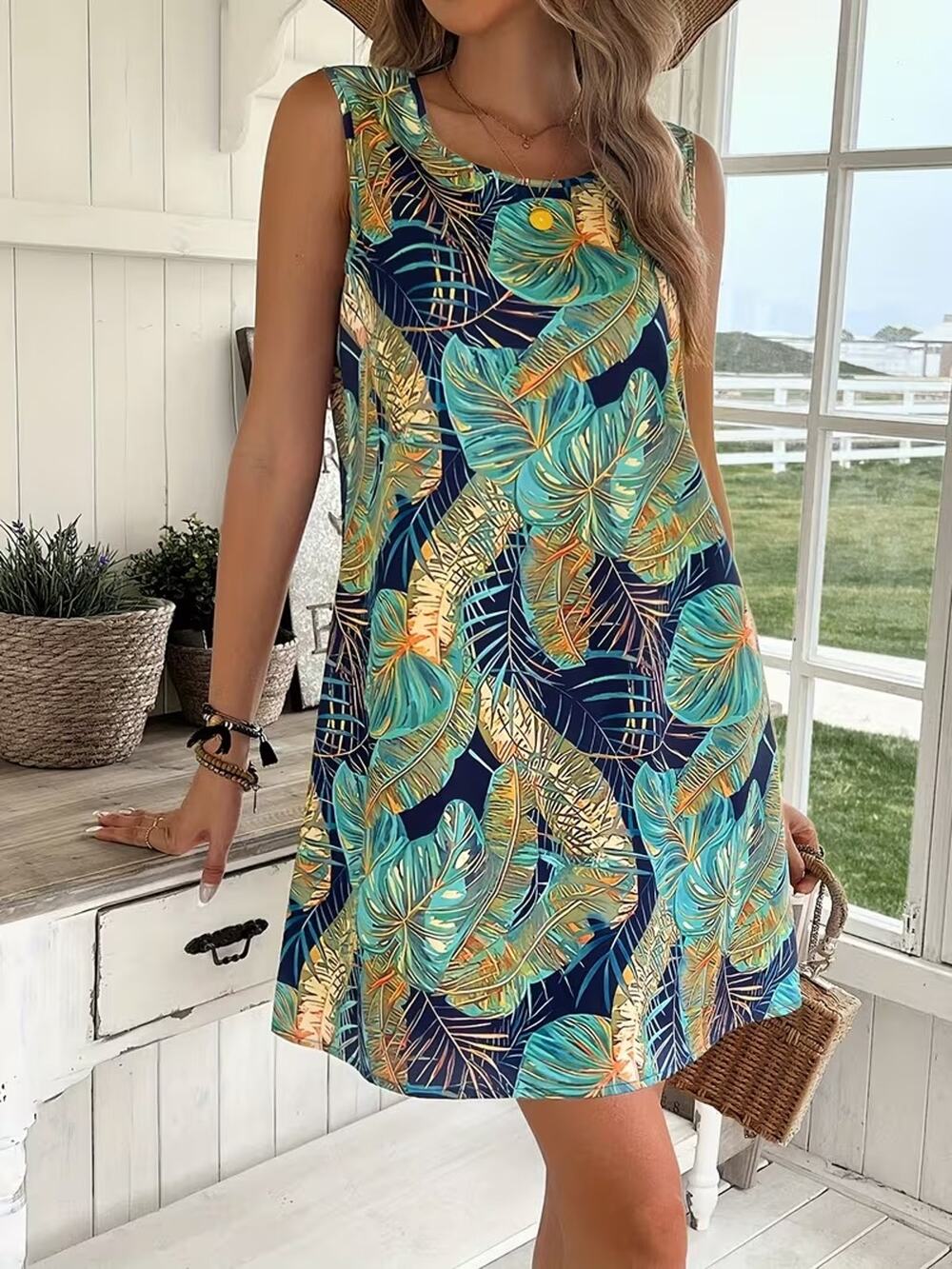 Womens Knee-Length Dress Tropical L Floral Sleeveless Round Neck A Line Fall New